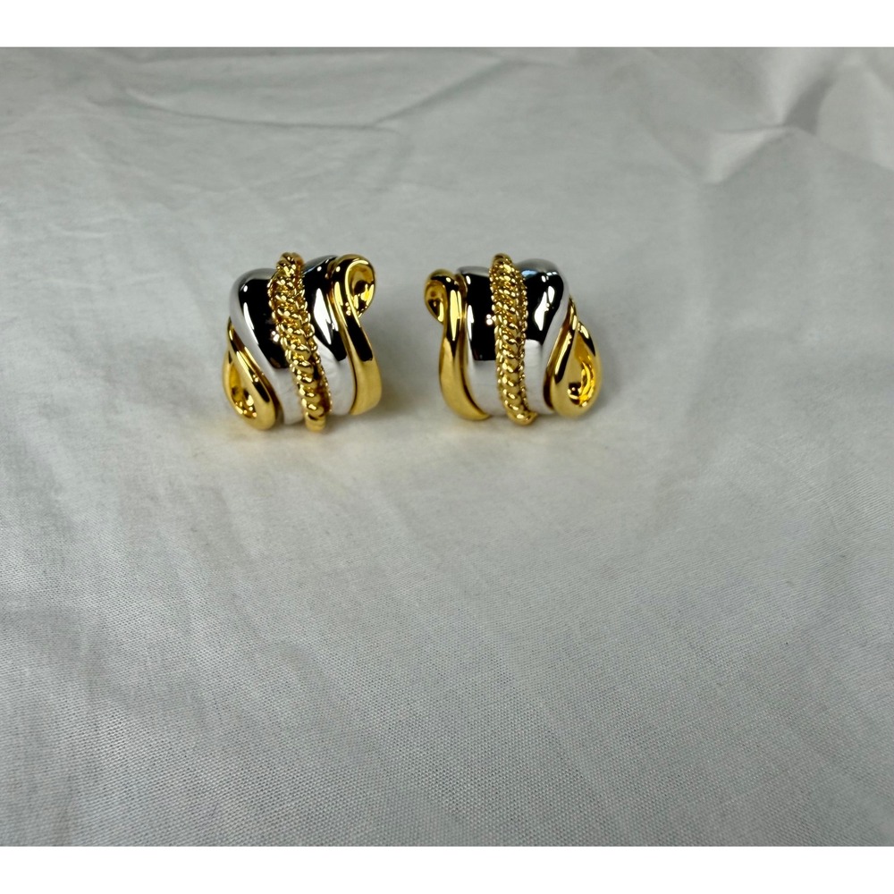 Nolan Miller Vintage Mixed Metal Gold Silver Tone Rope Twist Clip On Earrings